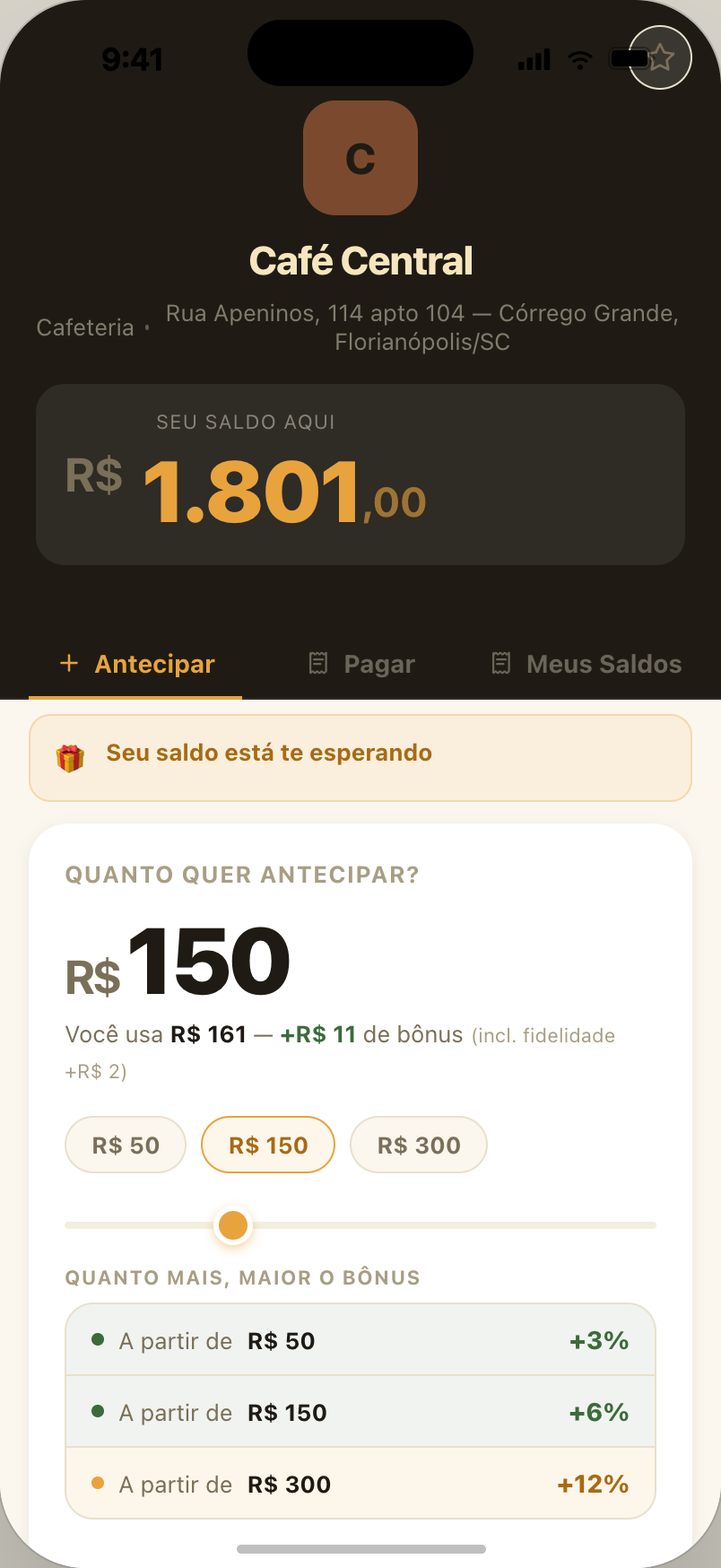 Tela de antecipação com faixas de bônus