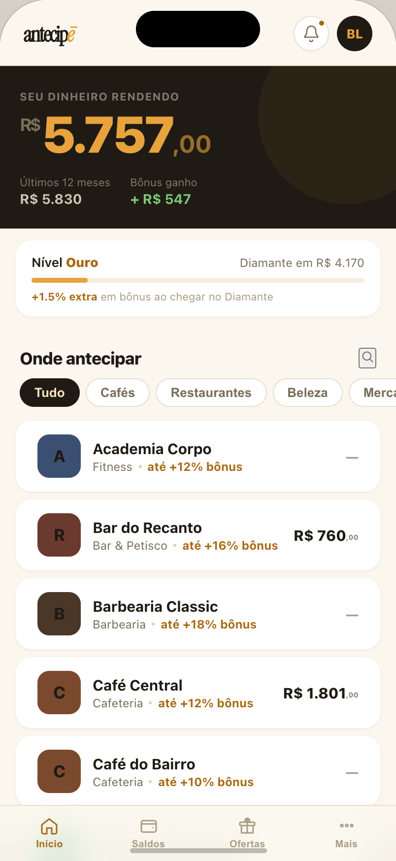 Tela inicial do app Antecipē mostrando saldo e estabelecimentos