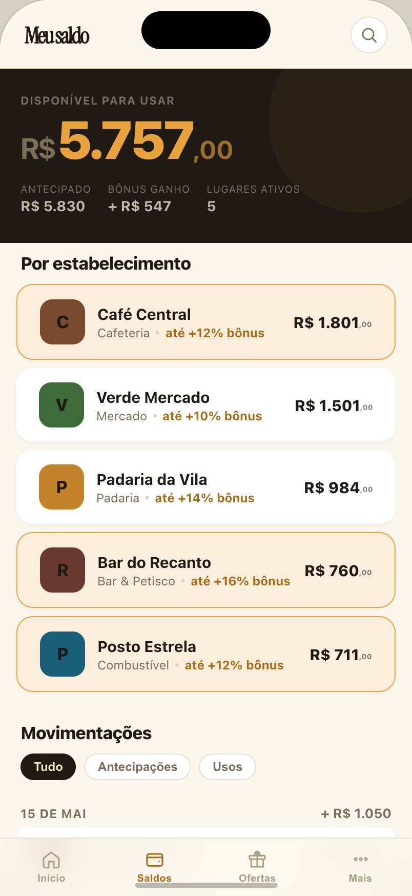 Tela de saldos por estabelecimento